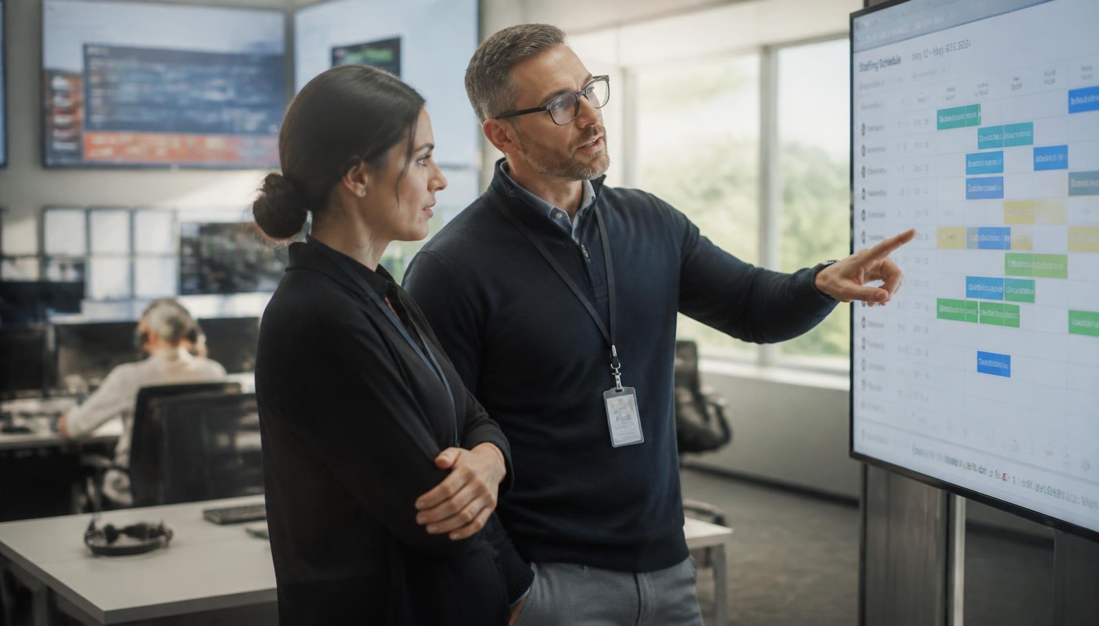 Operations manager reviewing shift coverage across an outsourcing delivery centre
